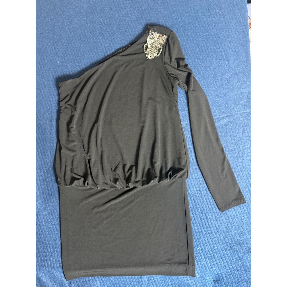 Nicole by Nicole Miller Black One Shoulder Beaded Mini Dress Small Long Sleeve